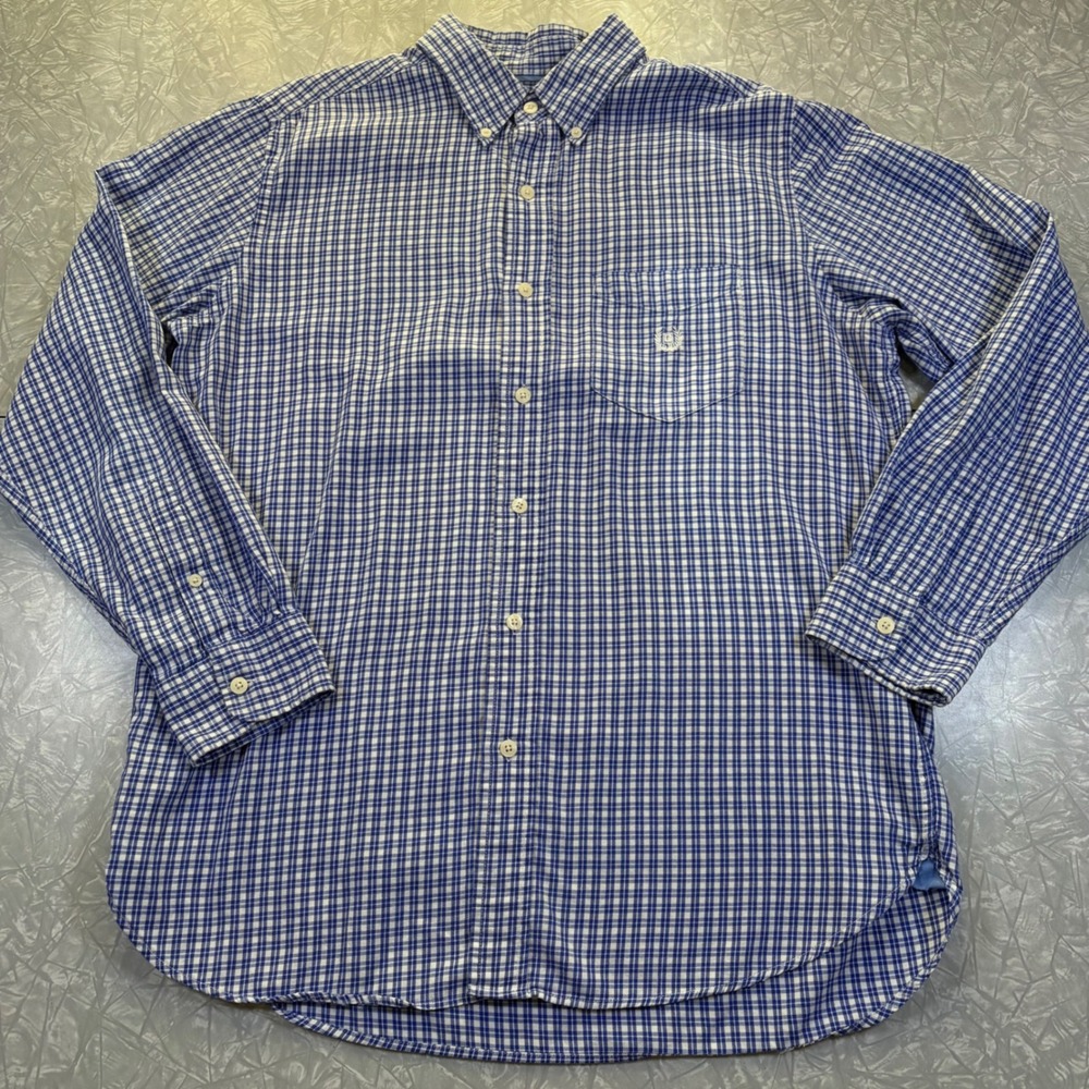 Chaps Mens Blue White Gingham Check Cotton Button Down Shirt Size Medium